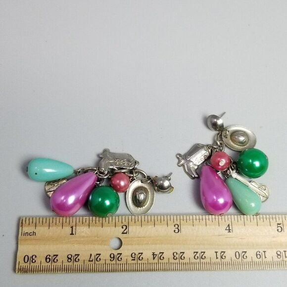 Vintage Pink Green Beaded Dangle Stud Earrings, Cowboy Cowgirl Country Theme - Picture 3 of 5